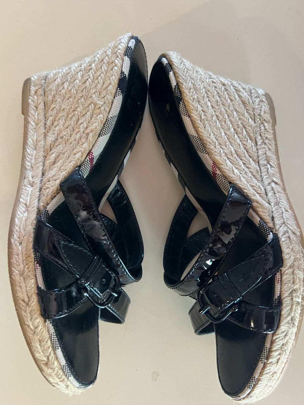 Burberry Haymarket check espadrille blk patent leather jute covered heel us6.5-7